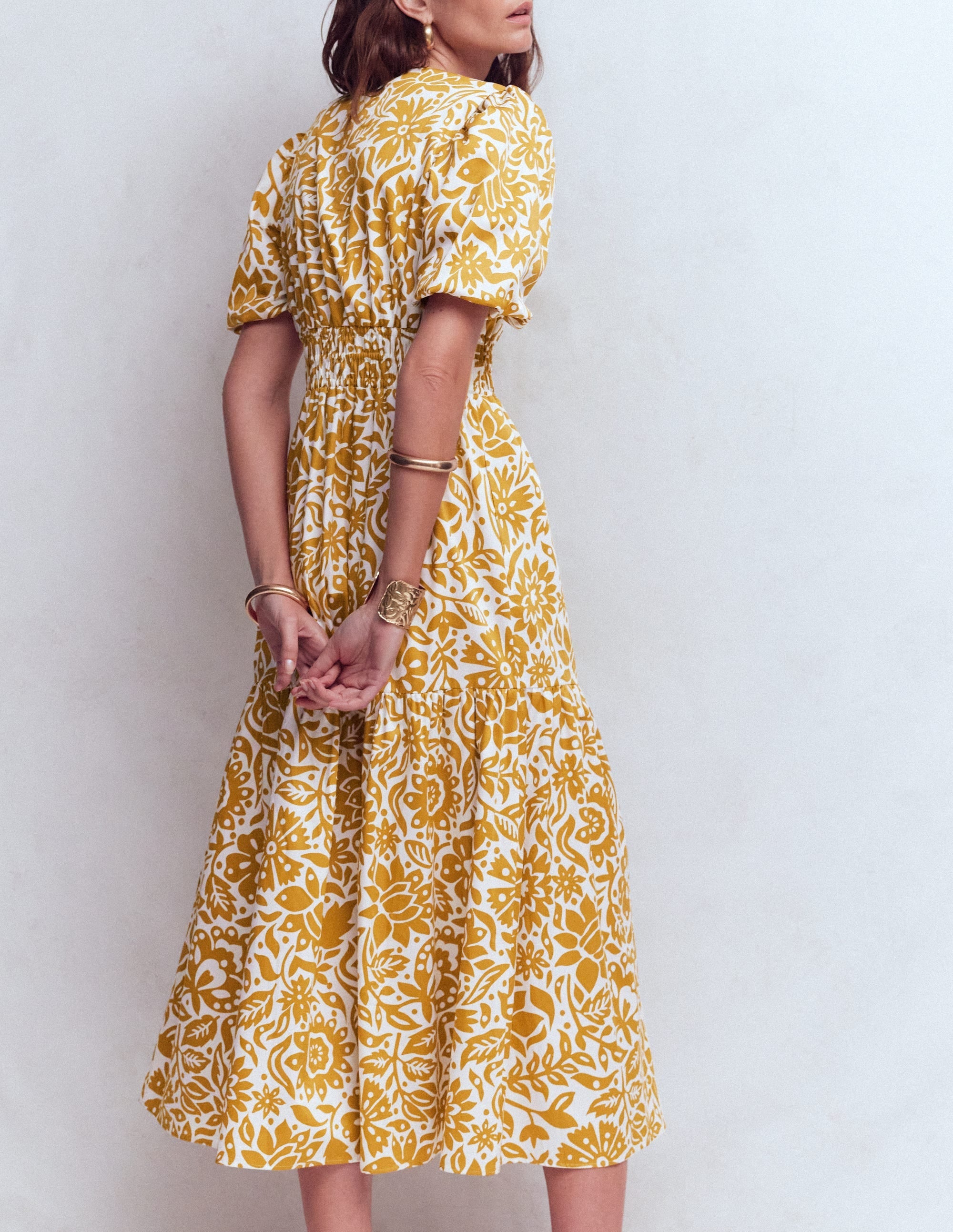 Irene Puff Sleeve Cotton Dress-Gold Wheat, Meadow Scatter