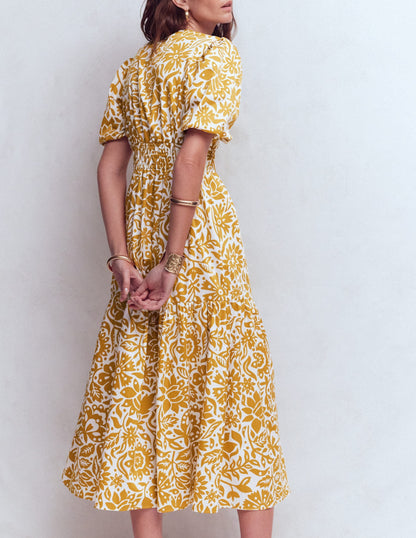 Irene Puff Sleeve Cotton Dress-Gold Wheat, Meadow Scatter