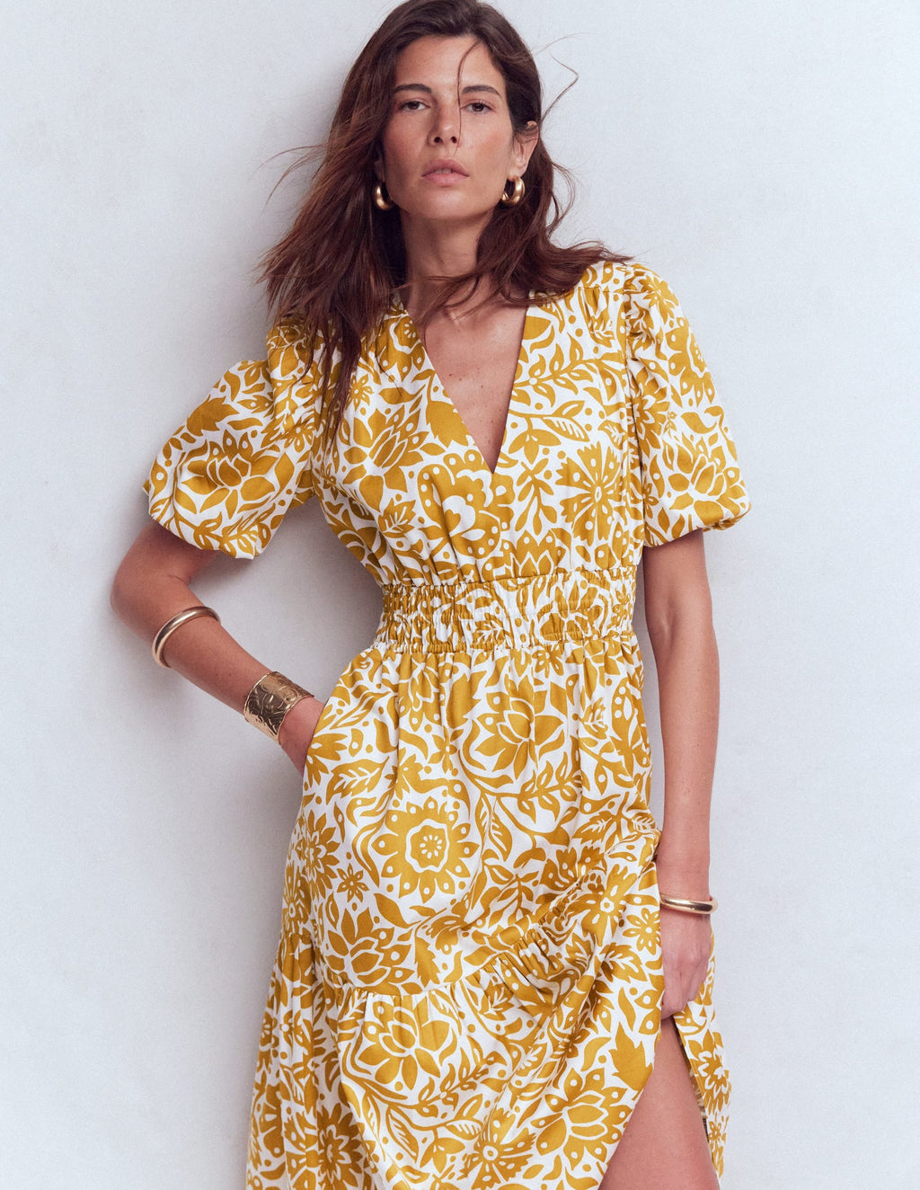 Irene Puff Sleeve Cotton Dress-Gold Wheat, Meadow Scatter