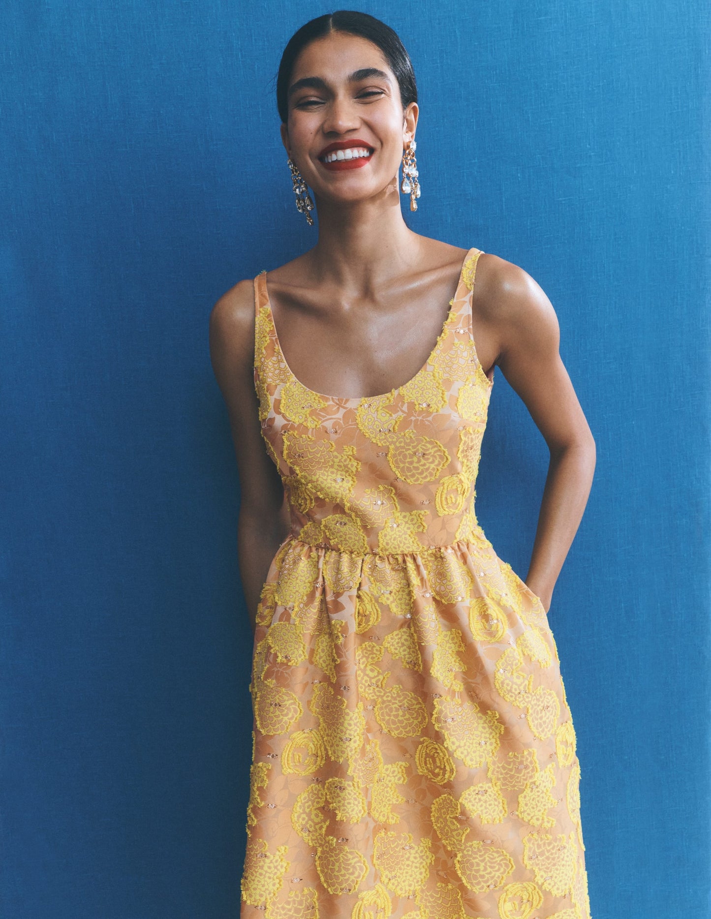 Scoop Neck Jacquard Dress-Yellow Jacquard