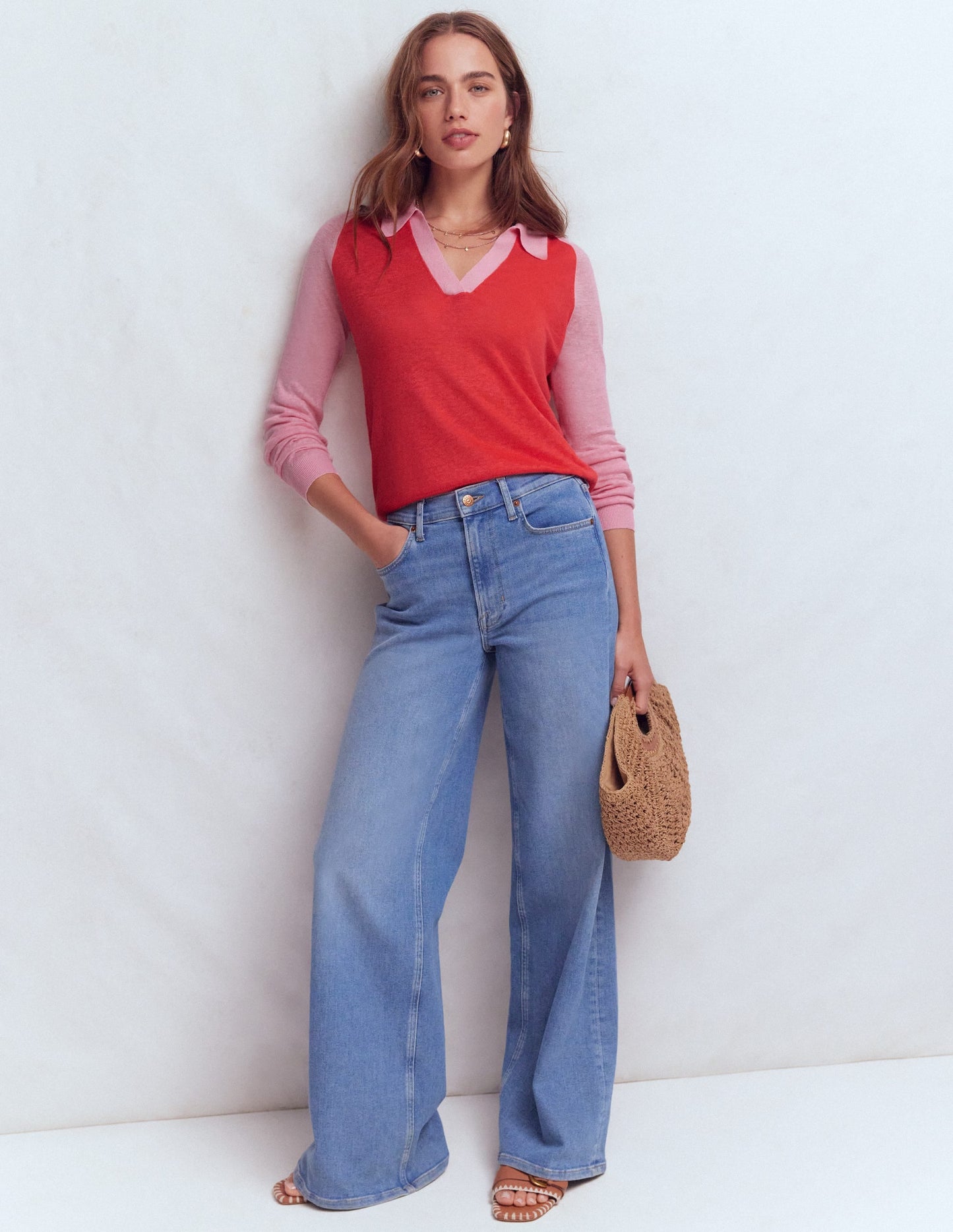 Agnes Collared Linen Jumper-Sunkissed Coral / Formica Pink