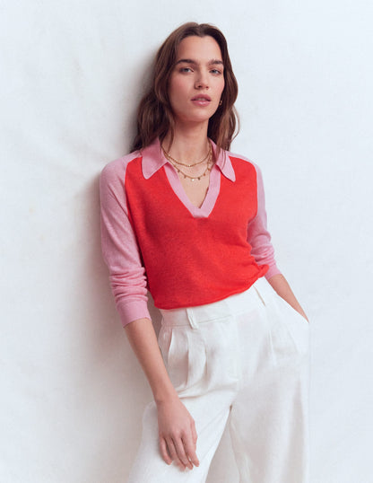 Agnes Collared Linen Jumper-Sunkissed Coral / Formica Pink