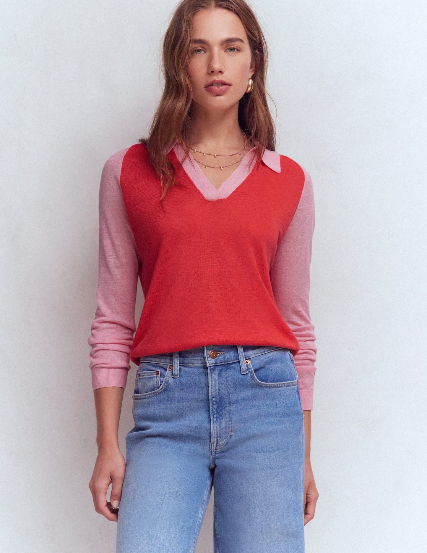 Agnes Collared Linen Jumper-Sunkissed Coral / Formica Pink