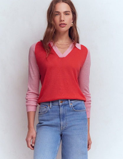 Agnes Collared Linen Jumper-Sunkissed Coral / Formica Pink