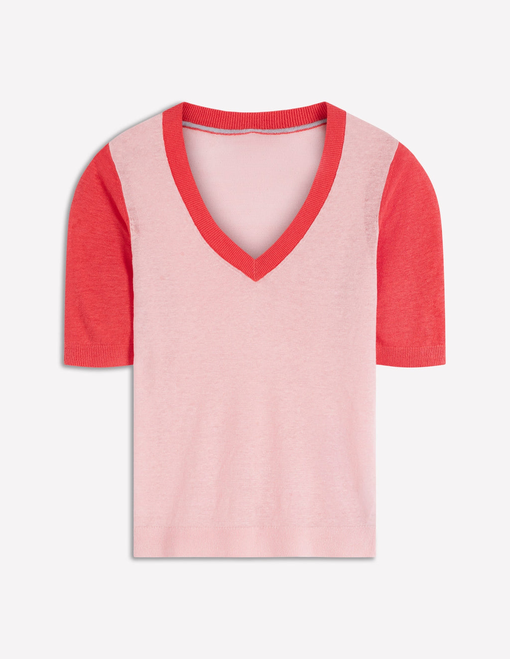 Agnes Linen V Neck T-Shirt-Pink Colour Block