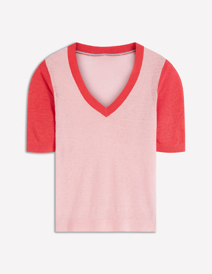 Agnes Linen V Neck T-Shirt-Pink Colour Block
