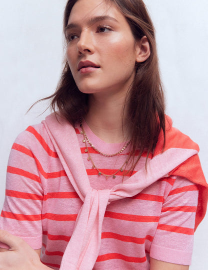 Agnes Linen Button T-Shirt-Sunkissed Coral / Formica Pink