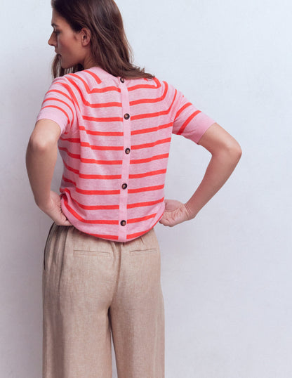 Agnes Linen Button T-Shirt-Sunkissed Coral / Formica Pink
