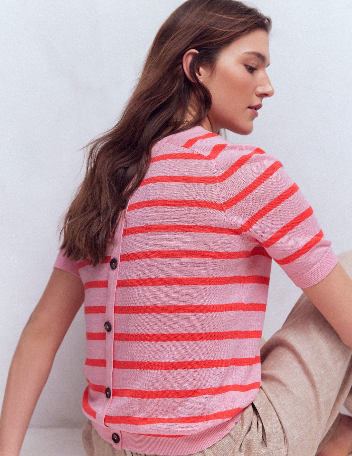 Agnes Linen Button T-Shirt-Sunkissed Coral / Formica Pink