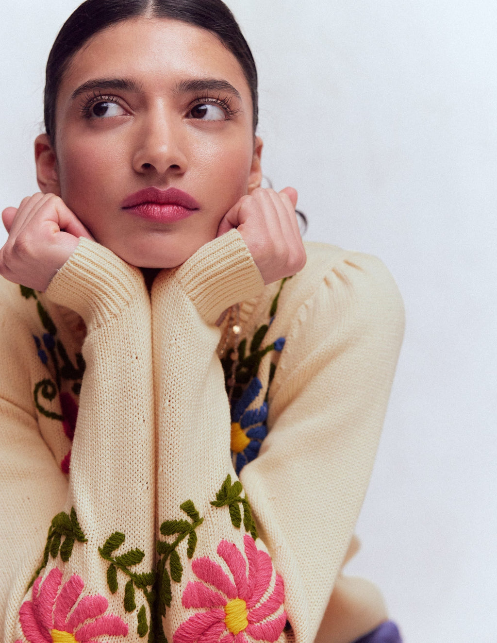 Davina Puff Sleeve Sweater-Ivory Embroidery