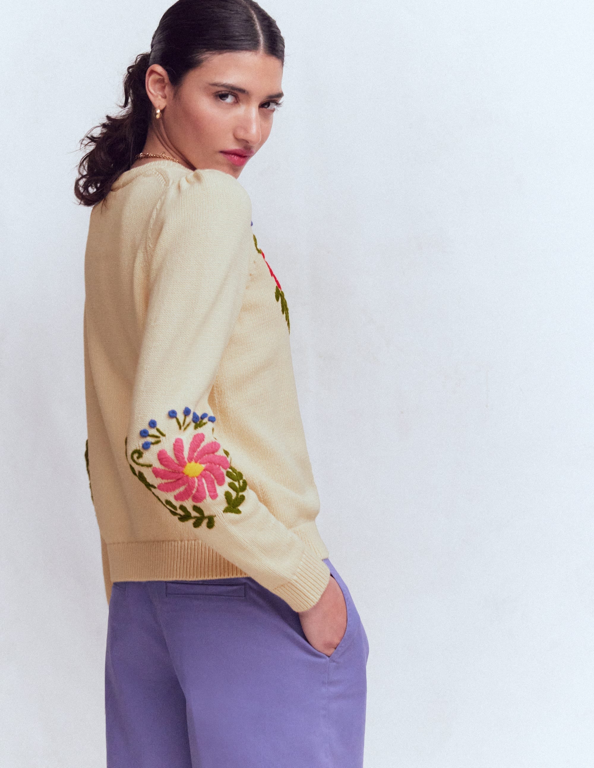 Davina Puff Sleeve Sweater-Ivory Embroidery