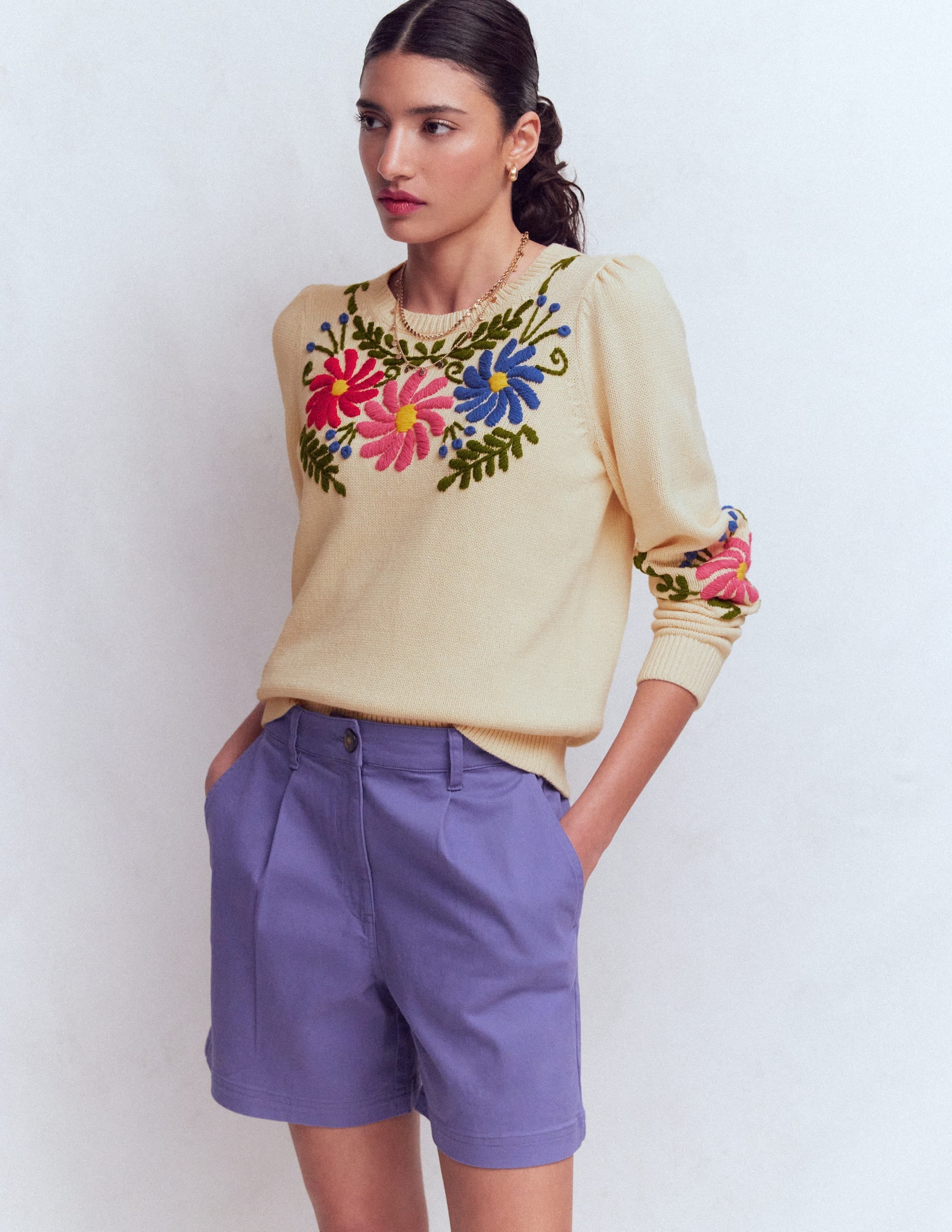Davina Puff Sleeve Sweater-Ivory Embroidery