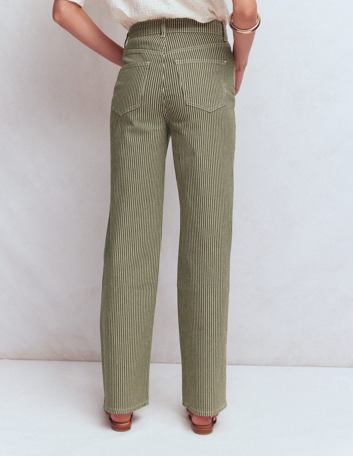 High Rise Column Leg Jeans-Olive Ecru Stripe