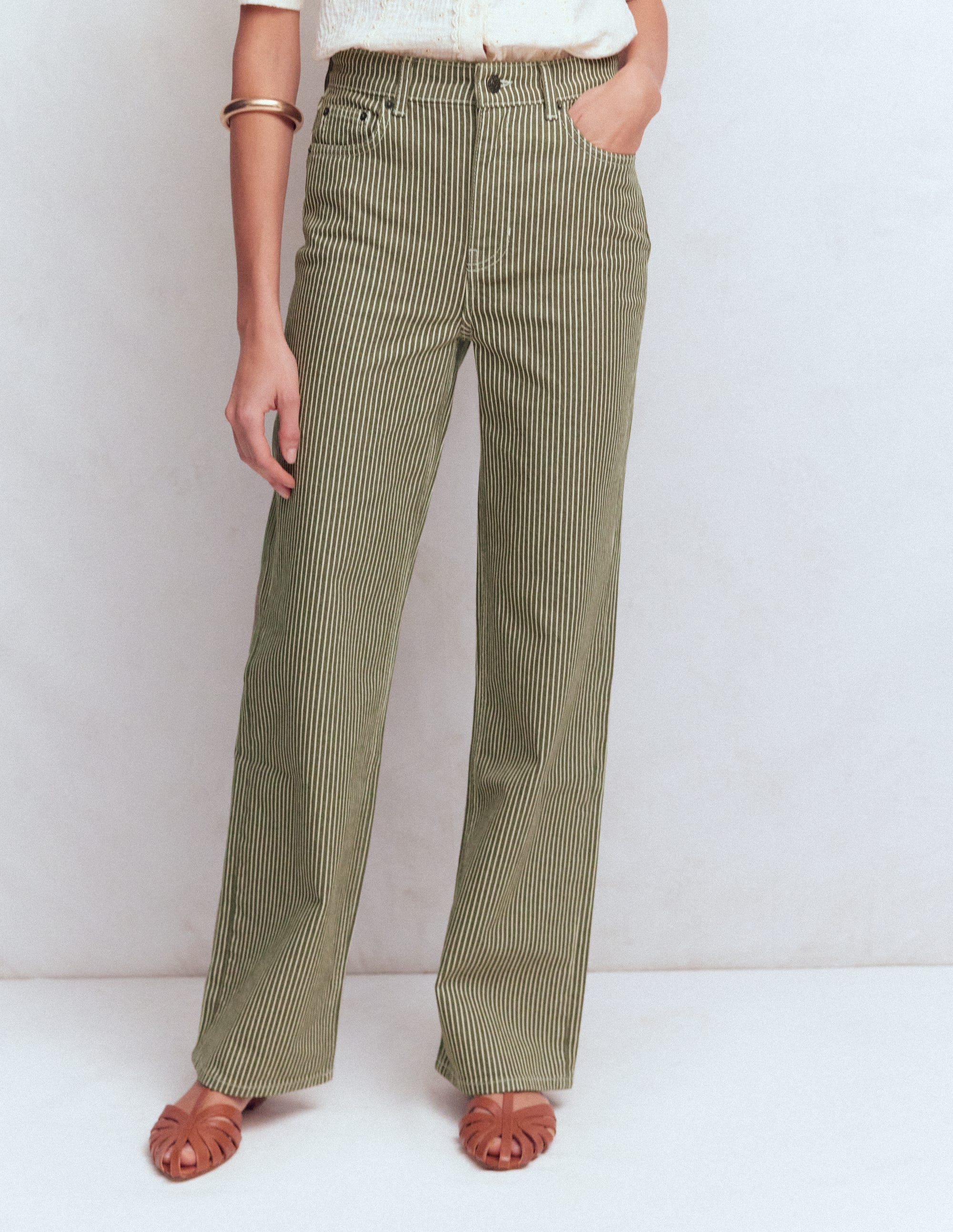 High Rise Column Leg Jeans-Olive Ecru Stripe