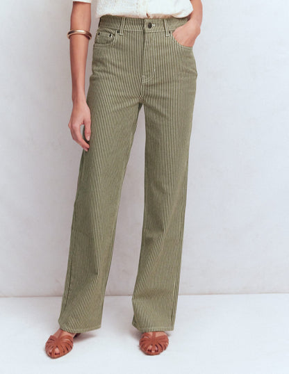 High Rise Column Leg Jeans-Olive Ecru Stripe
