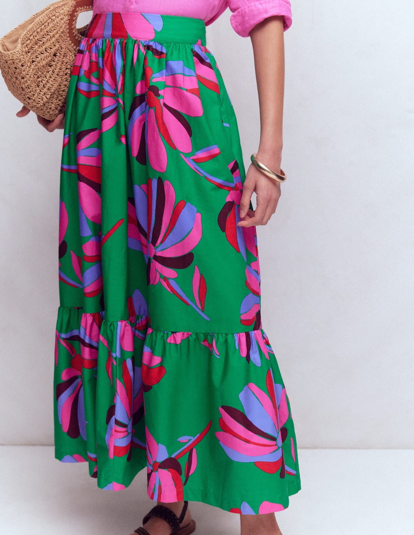 Abigail Poplin Maxi Skirt-Green, Daisy Cascade