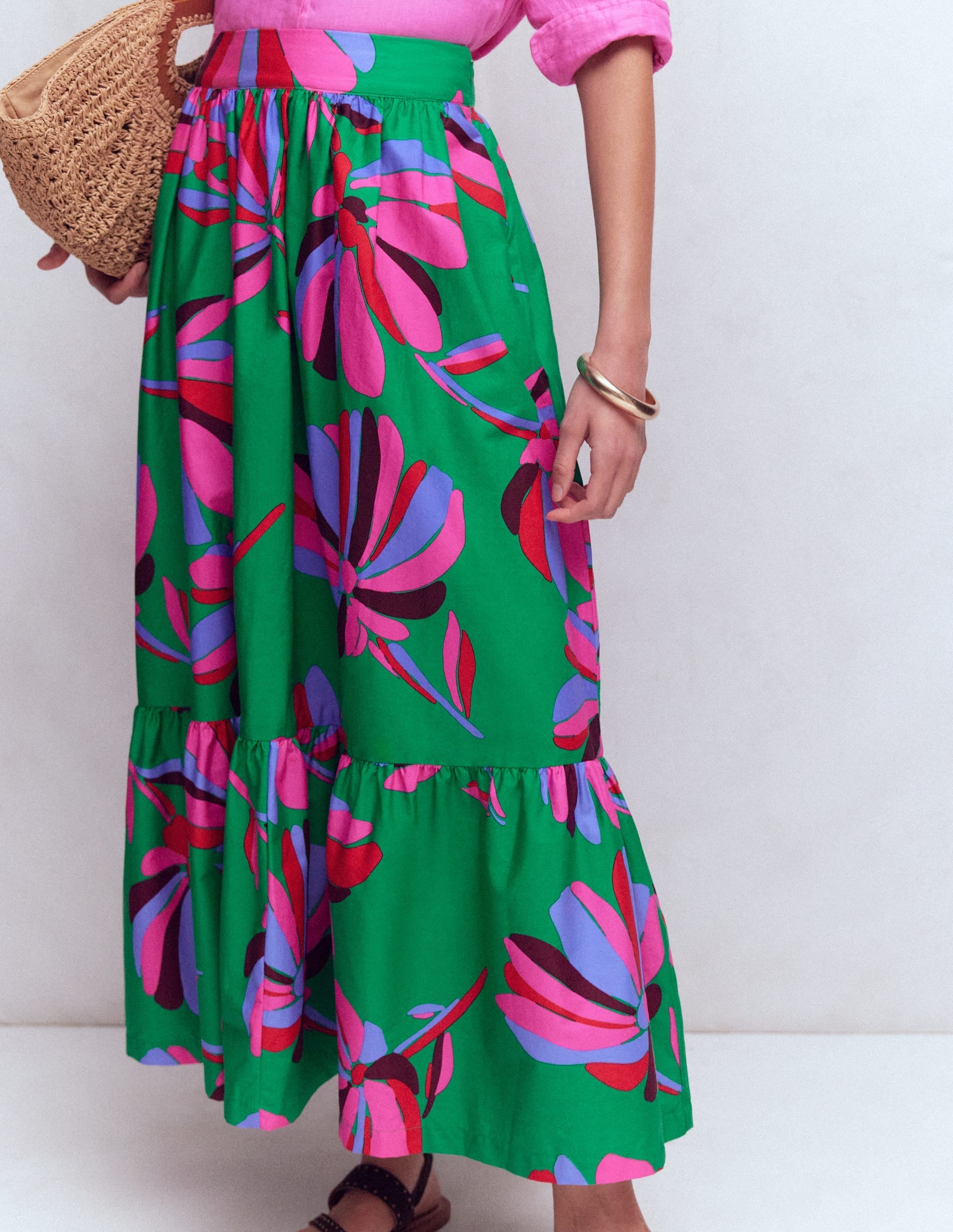 Abigail Poplin Maxi Skirt-Green, Daisy Cascade