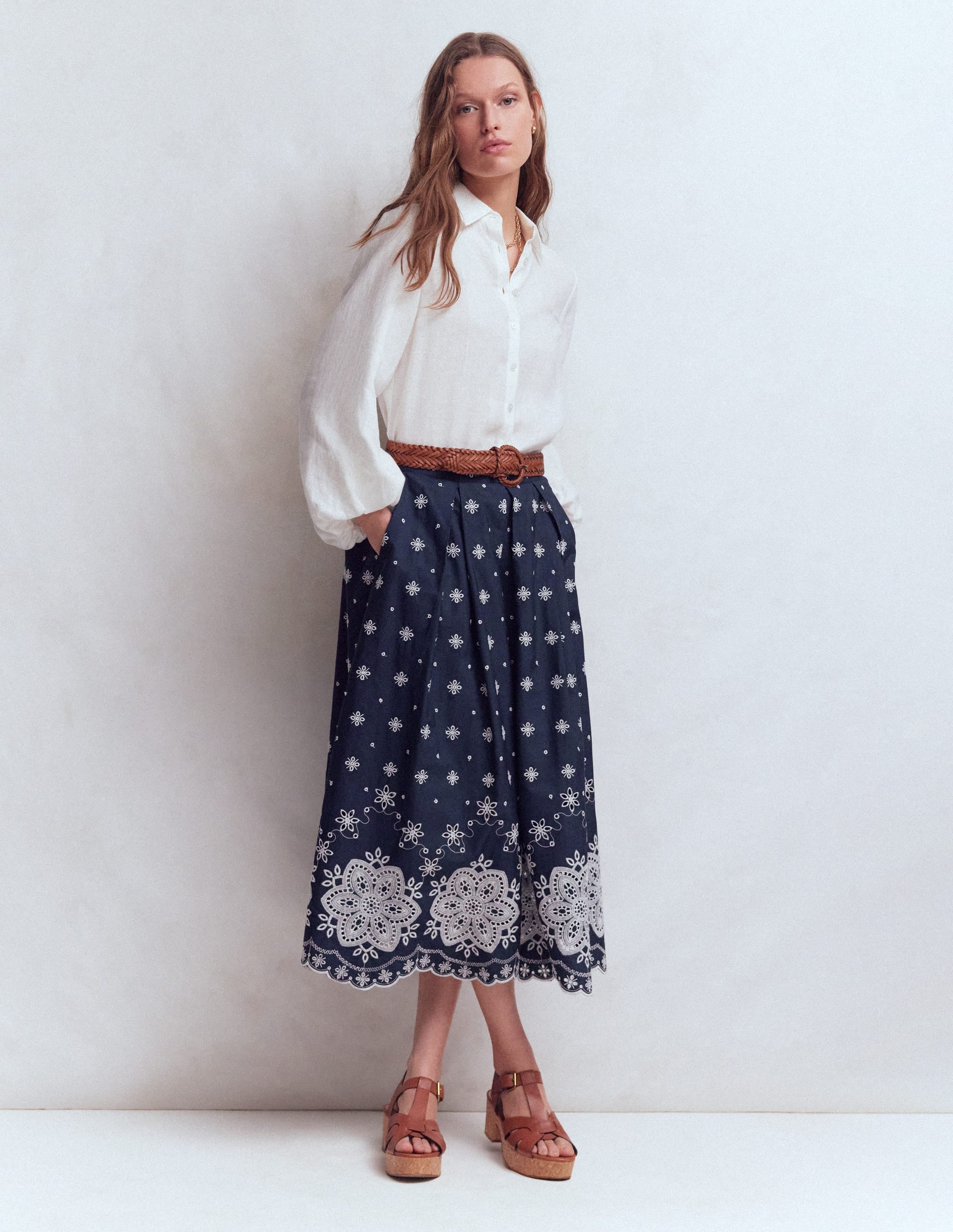 Verity Broderie Poplin Skirt-Navy