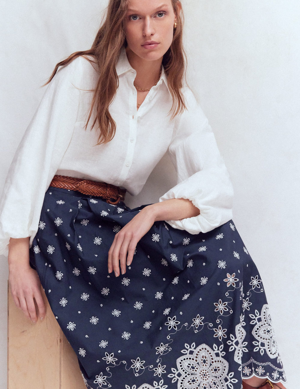 Verity Broderie Poplin Skirt-Navy