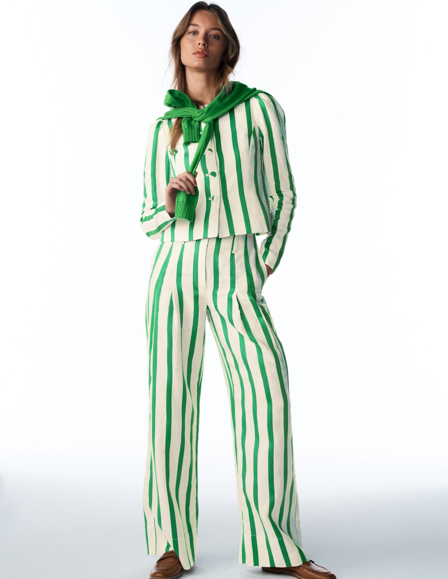 Mayfair Linen Pants-Ivory, Fresh Green Stripe