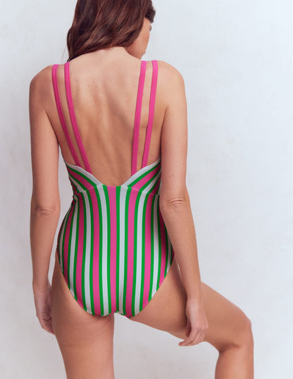 Arles Swimsuit-Pink, Green and White Stripe