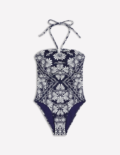 Gather String Swimsuit-French Navy, Botanical Charm