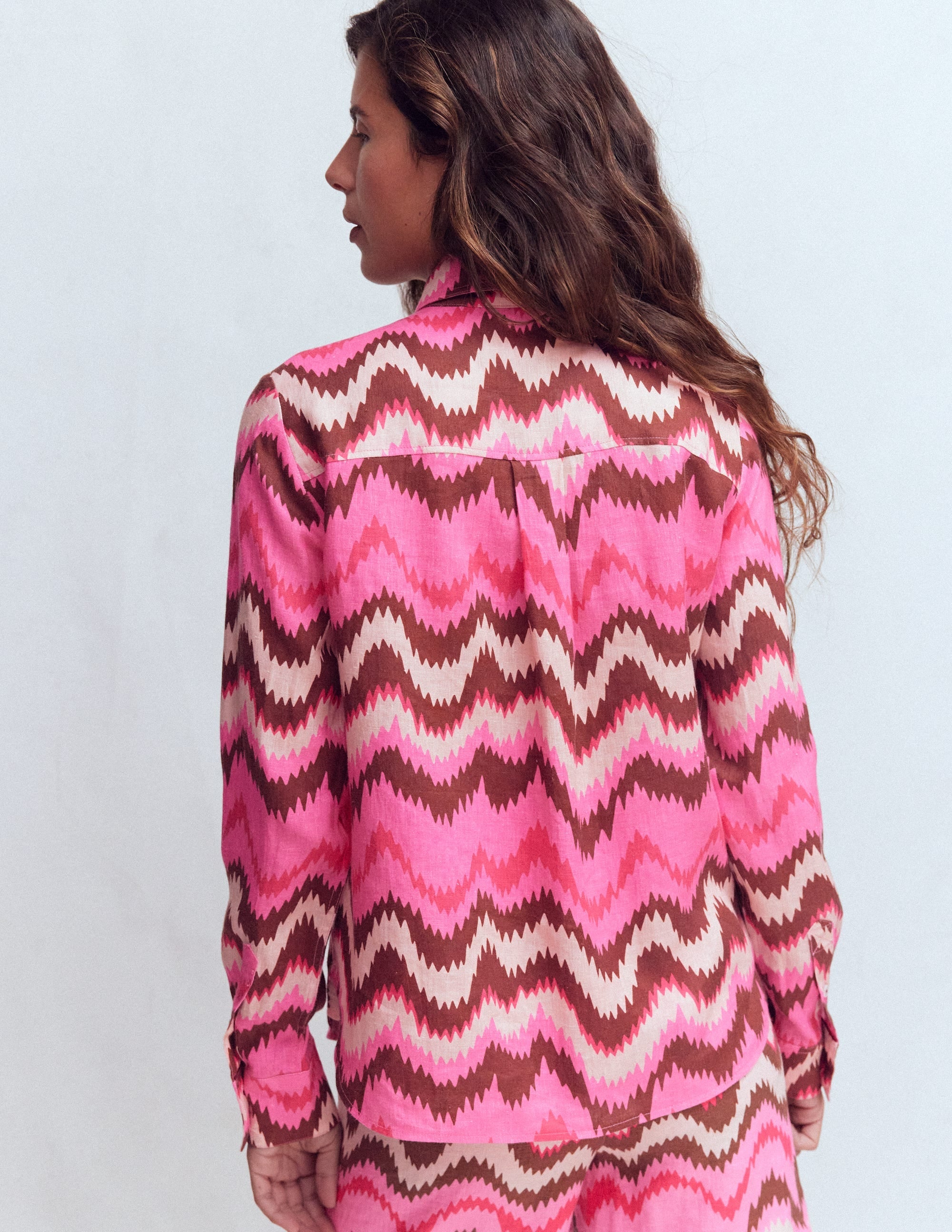 Sienna Linen Shirt-Pink Punch, Zig Zag Wave