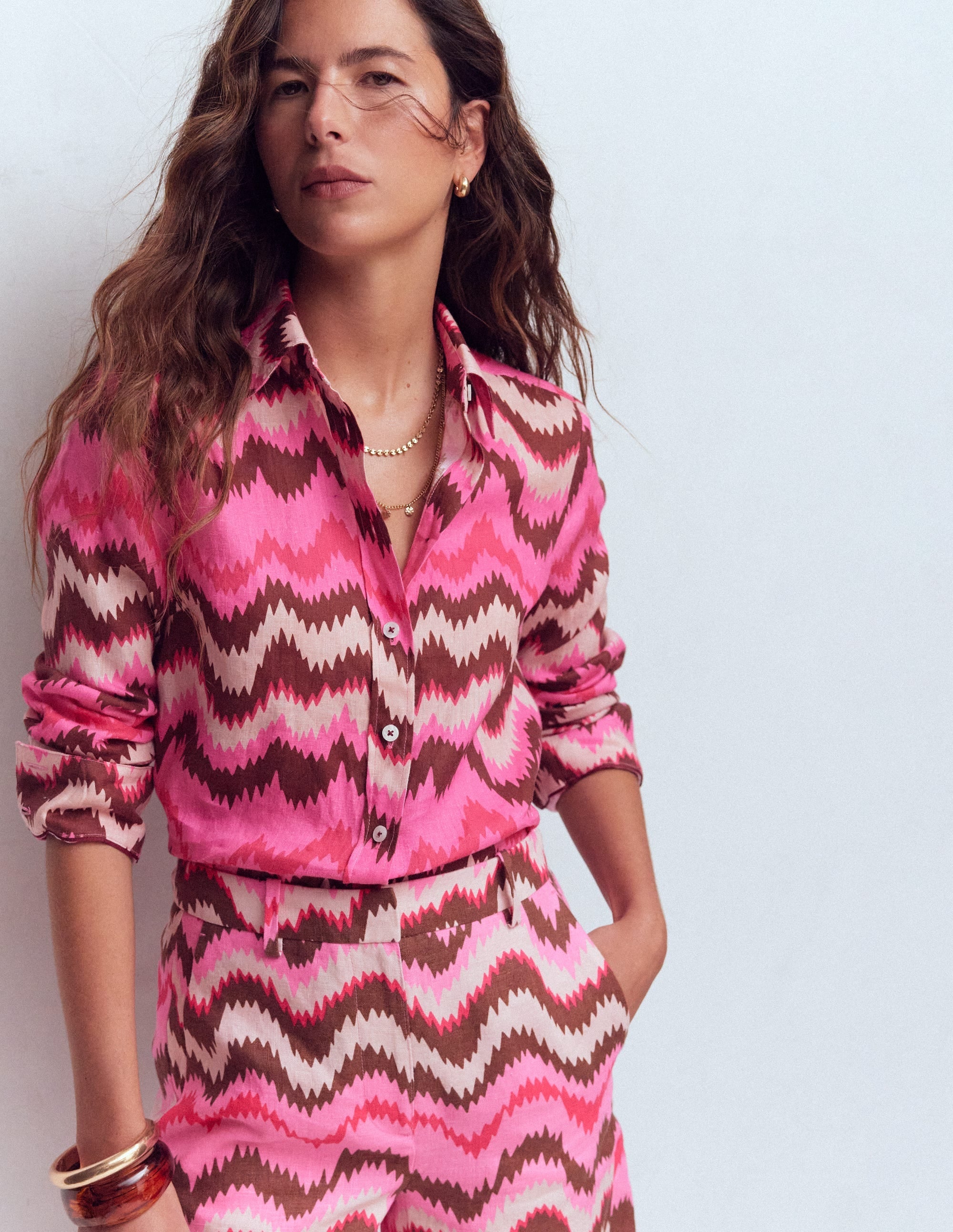 Sienna Linen Shirt-Pink Punch, Zig Zag Wave