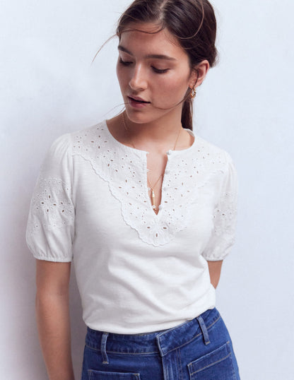 Ada Broderie Mix Top-White