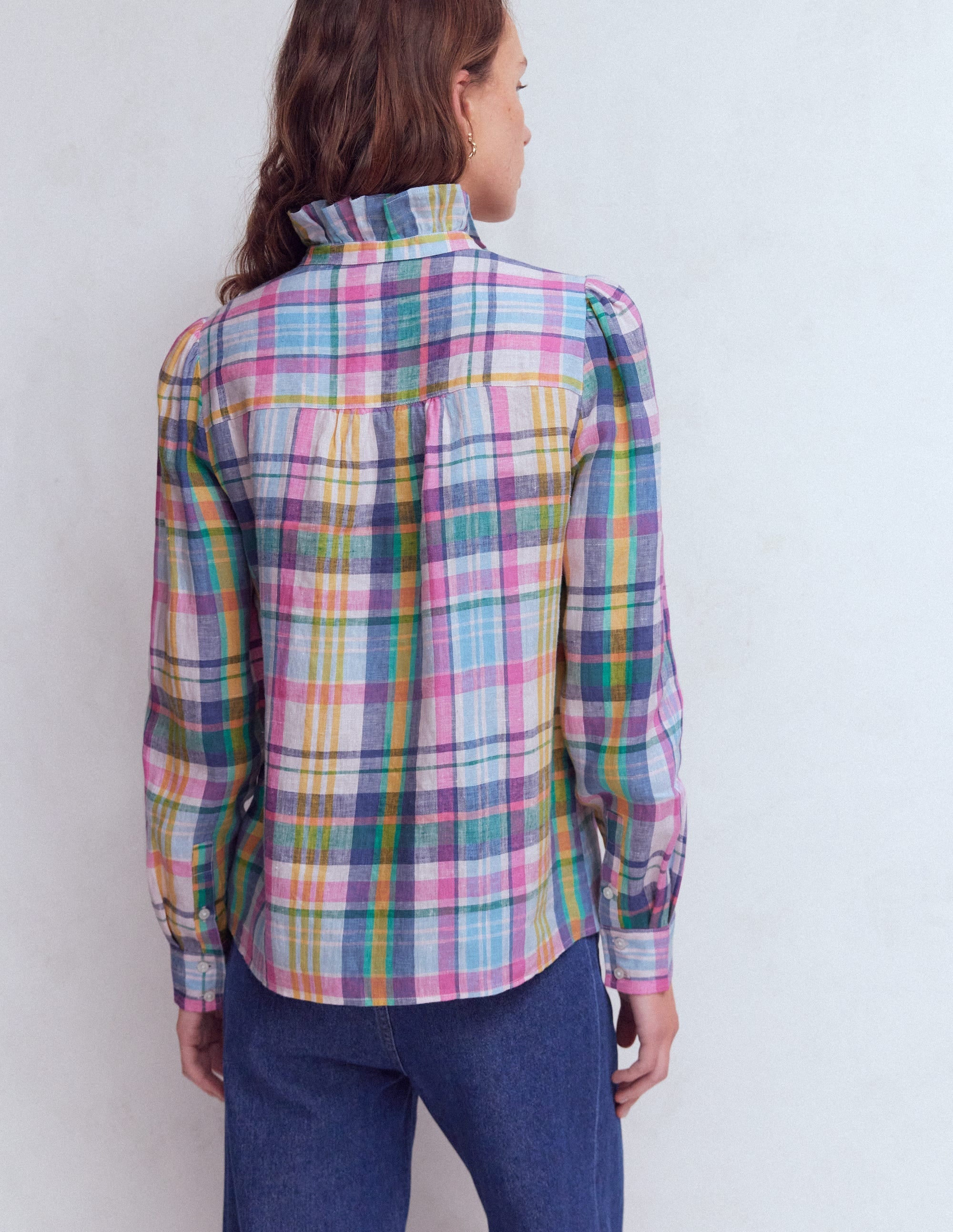 Isabel Ruffle Linen Shirt-Blue, Pink and Green Madras