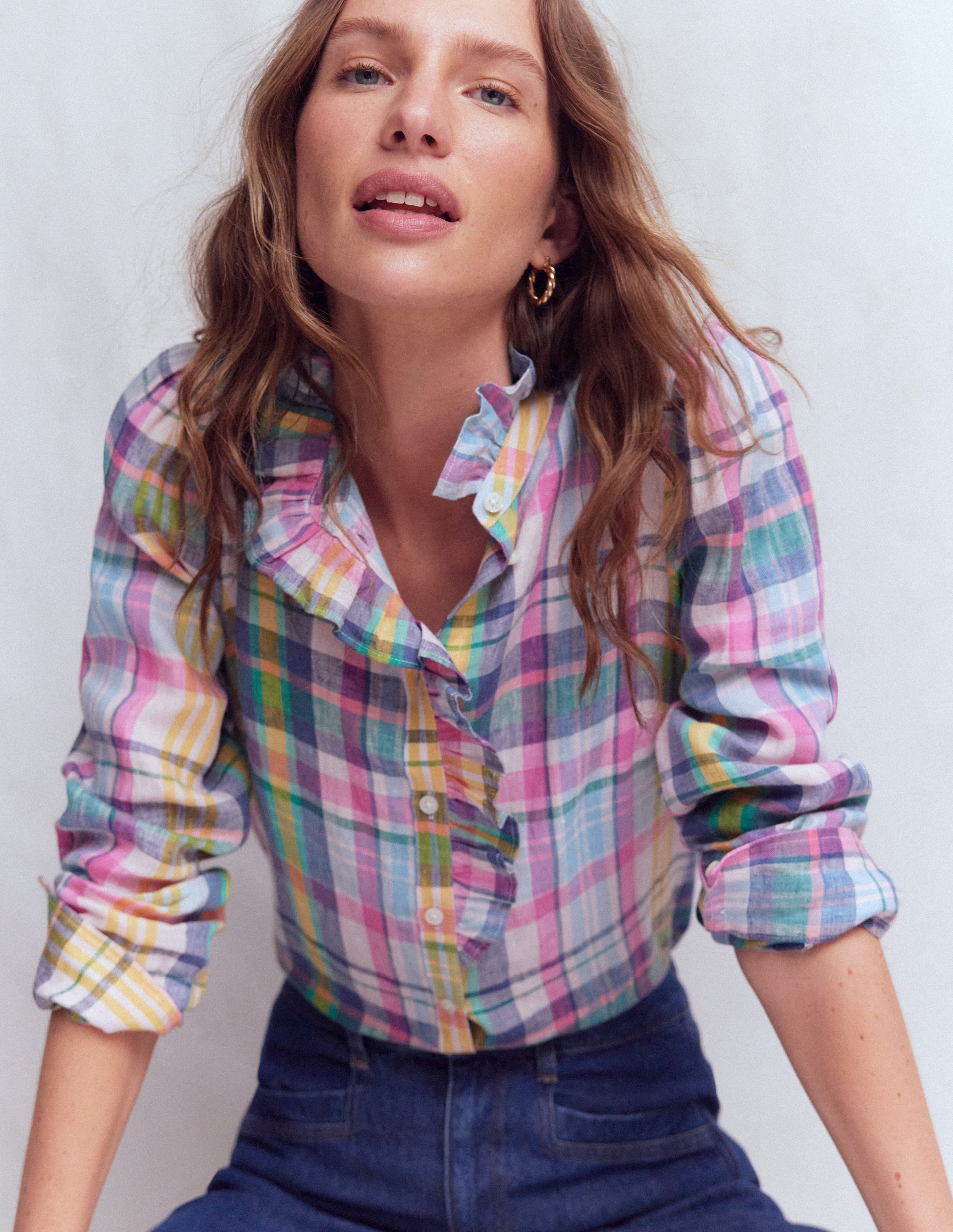 Isabel Ruffle Linen Shirt-Blue, Pink and Green Madras