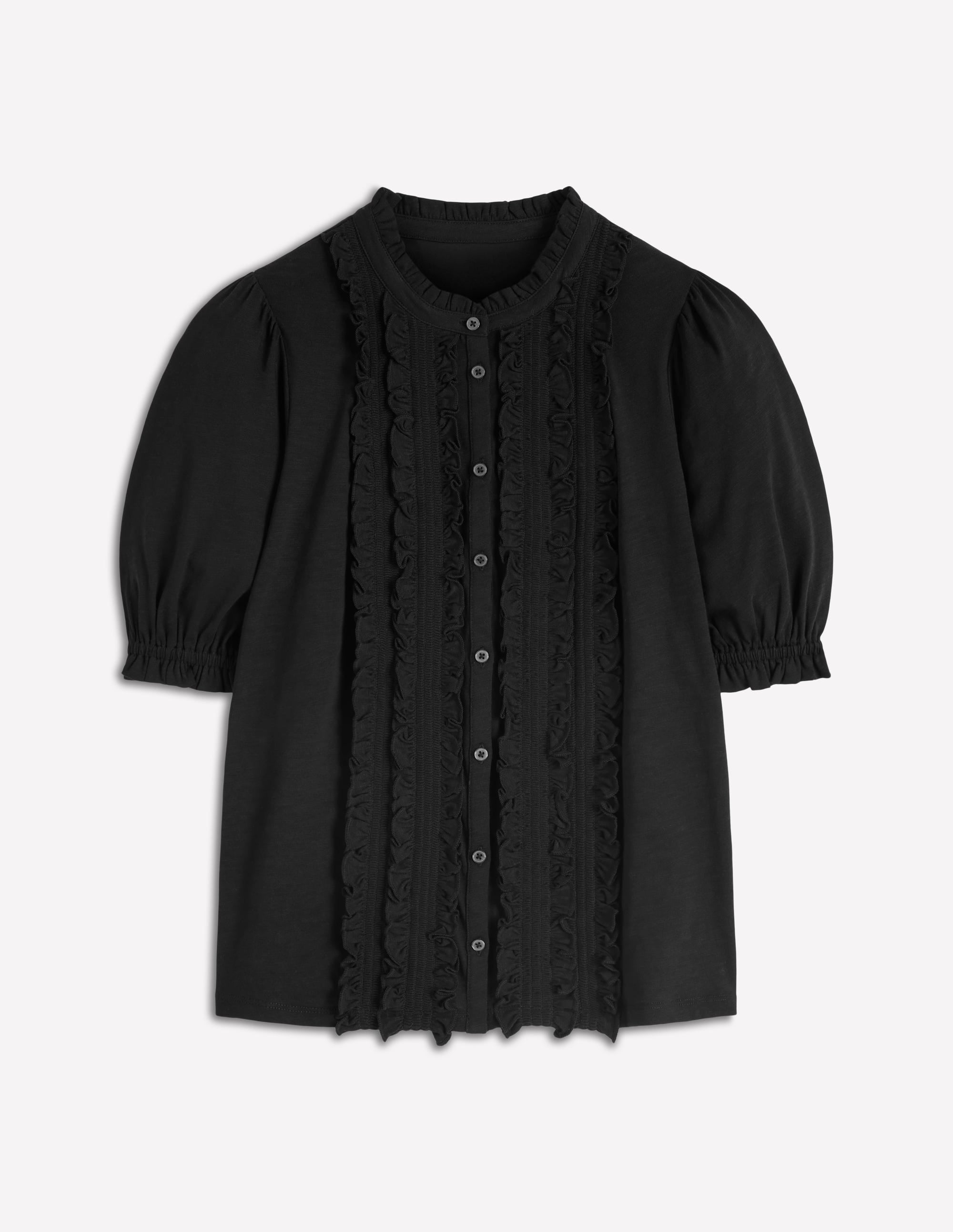 Eda Ruffle Front Shirt-Black