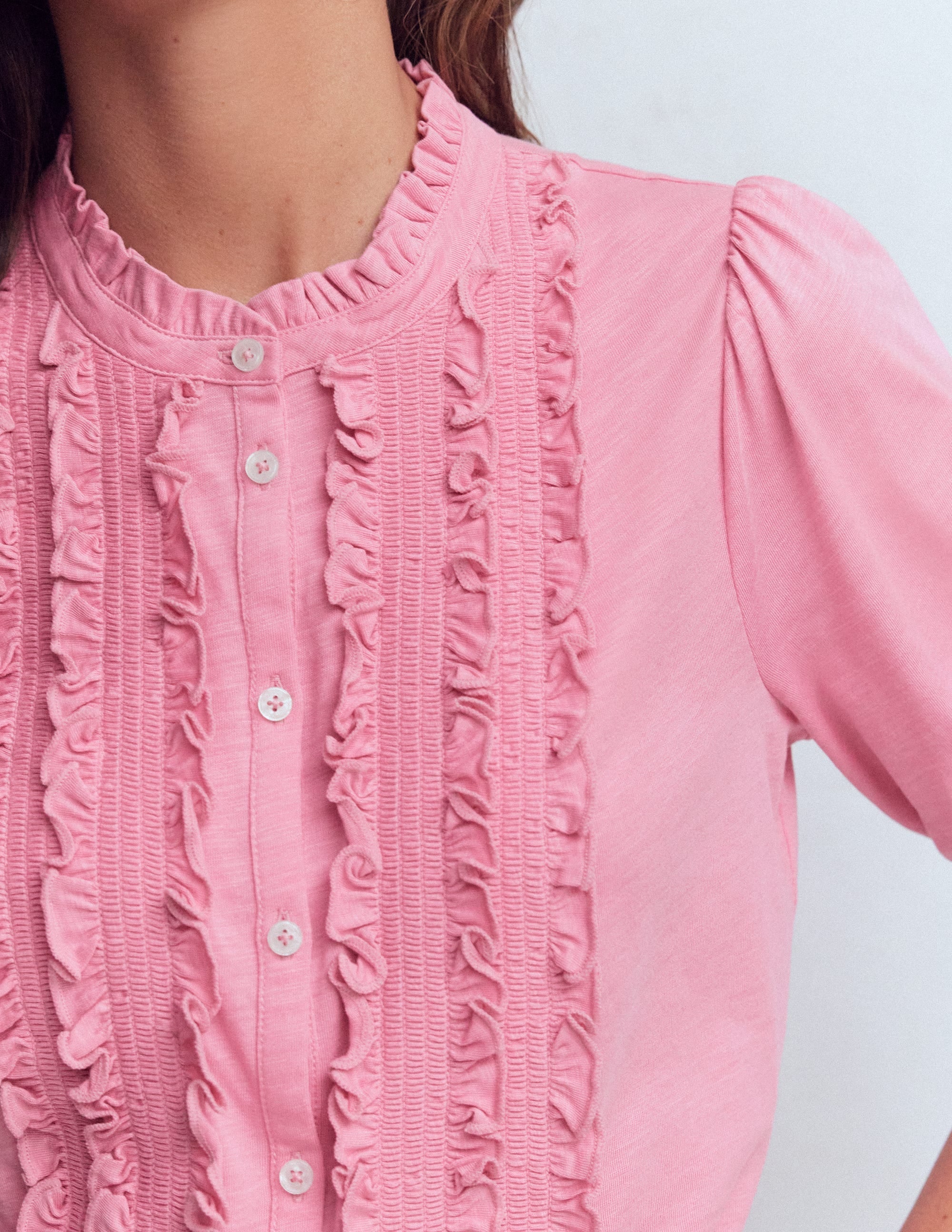 Eda Ruffle Front Shirt-Formica Pink