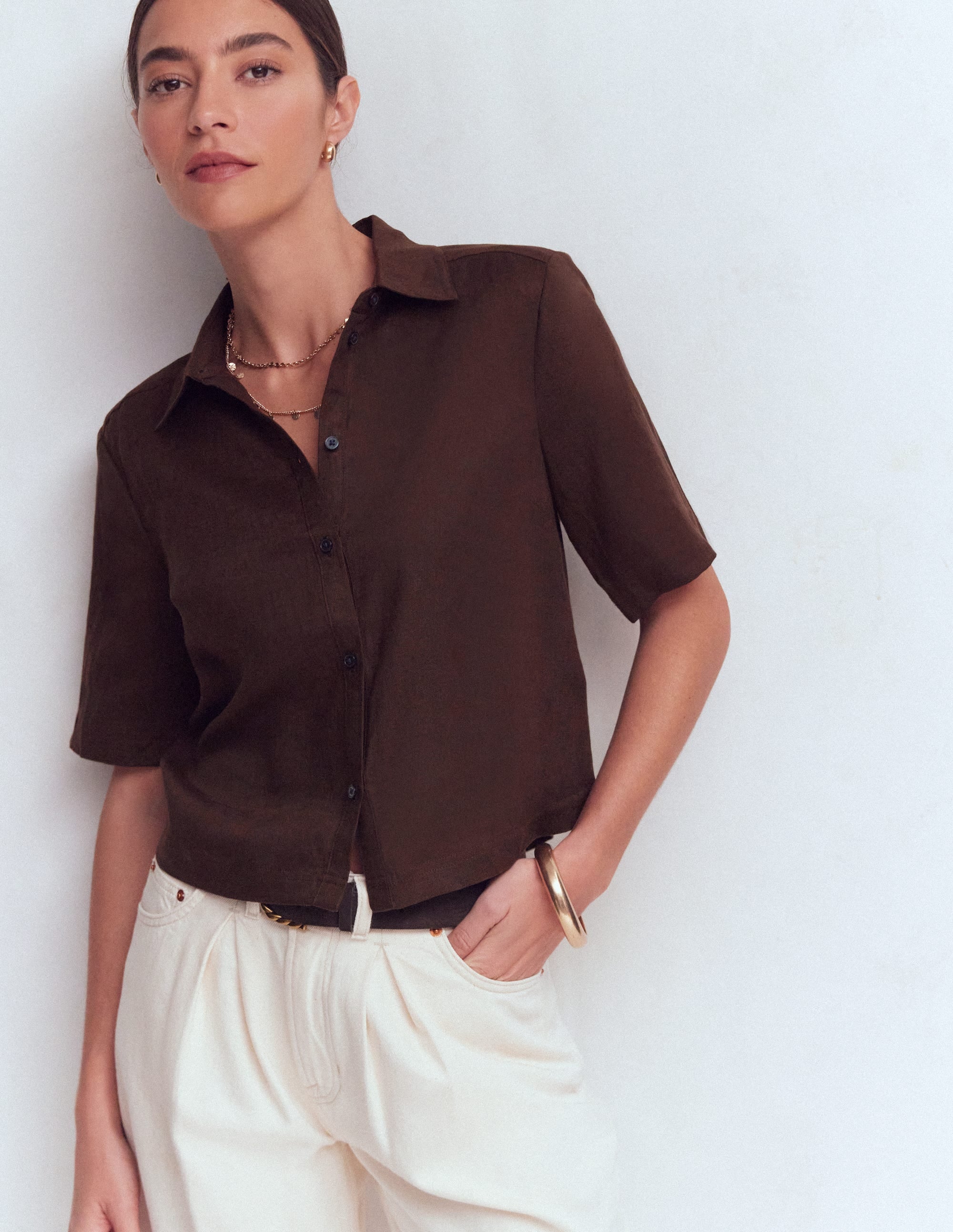 Short Sleeve Linen Shirt-Bitter Chocolate