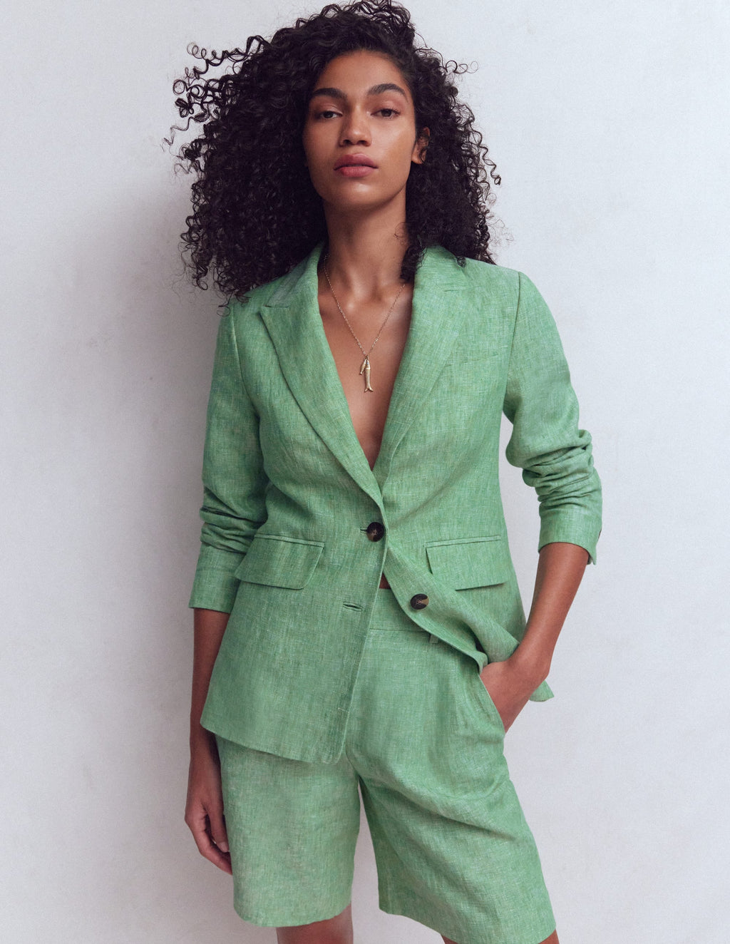 Stamford Linen Blazer-Aloe Green Chambray
