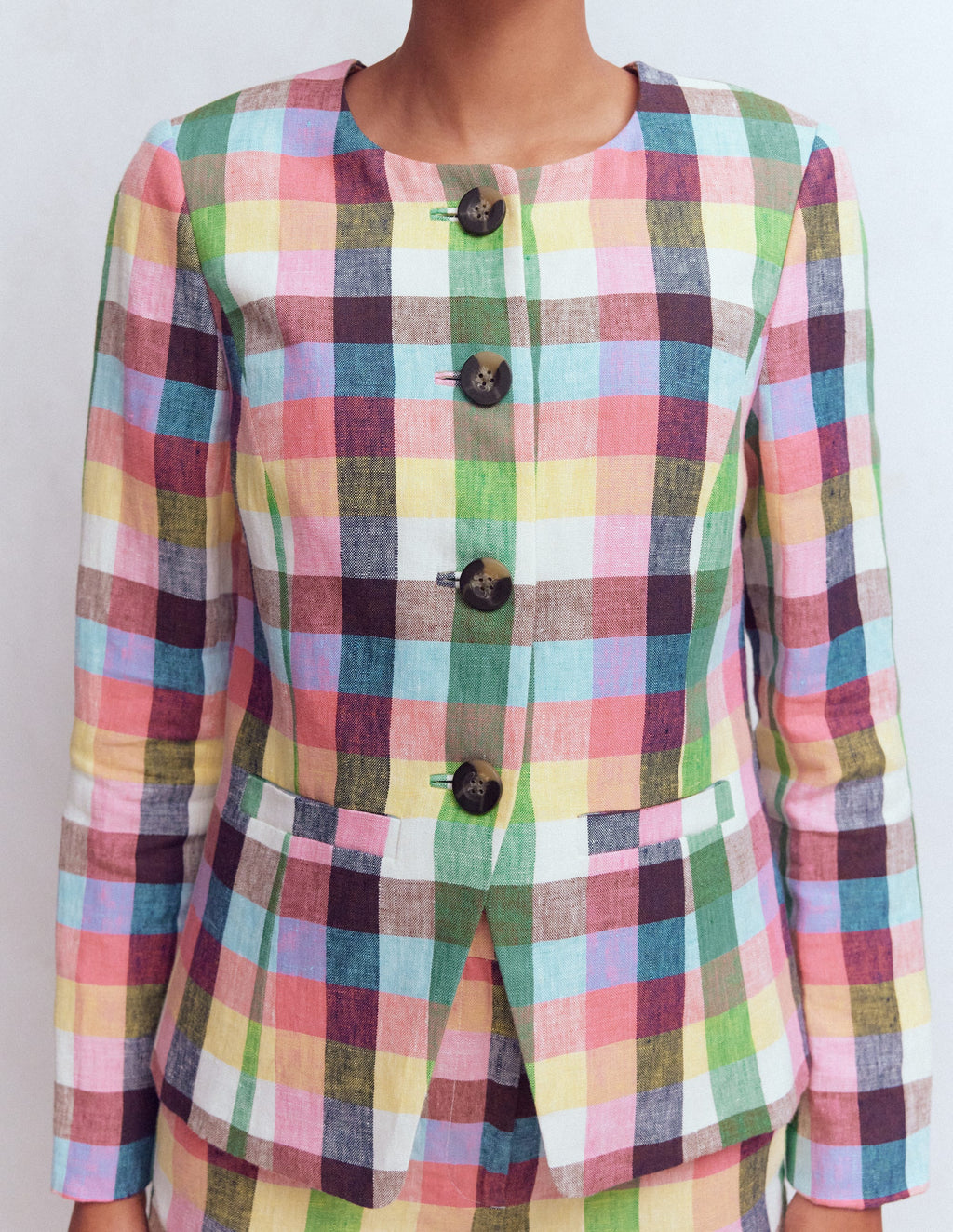 Hampstead Linen Blazer-Soft Yellow, Pink Multigingham