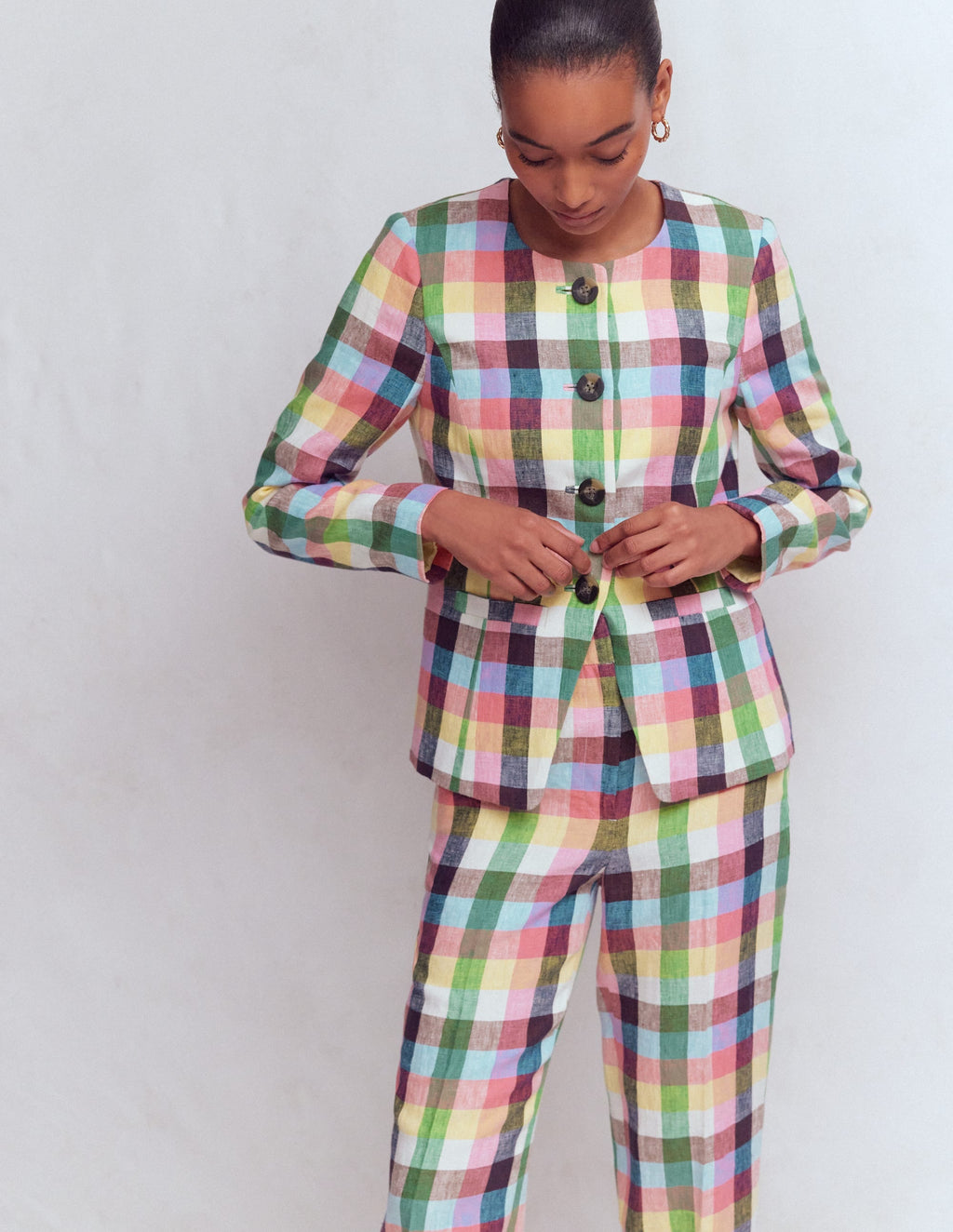 Hampstead Linen Blazer-Soft Yellow, Pink Multigingham