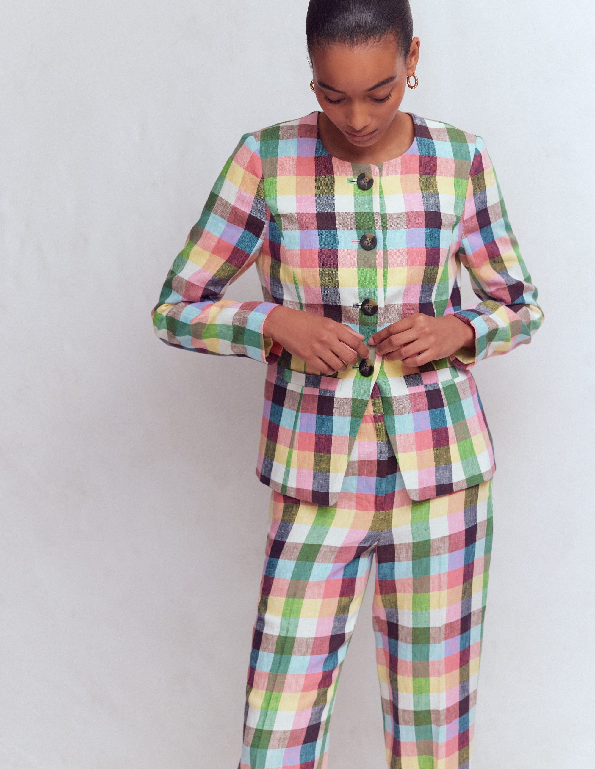 Hampstead Linen Blazer-Soft Yellow, Pink Multigingham