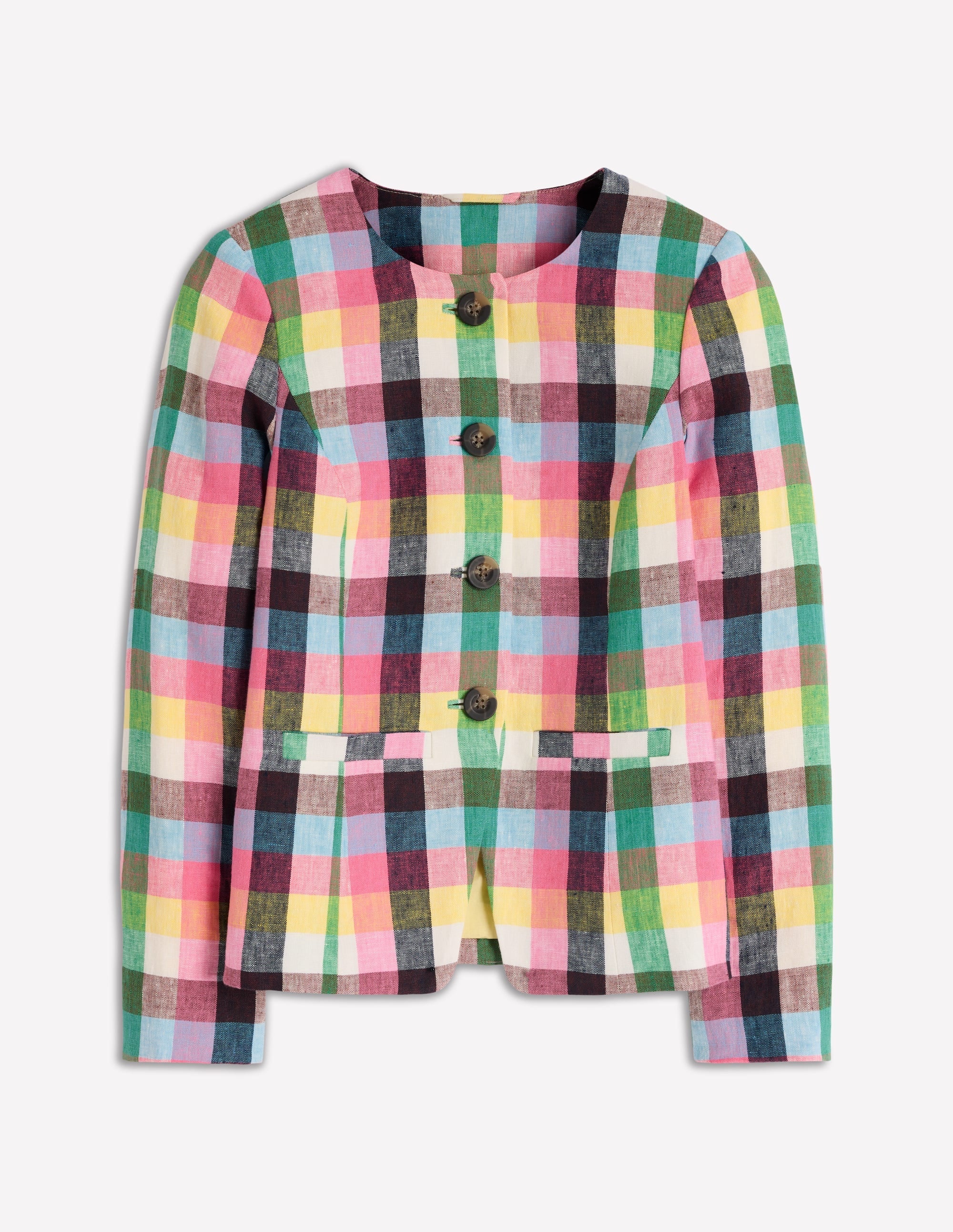 Hampstead Linen Blazer-Soft Yellow, Pink Multigingham