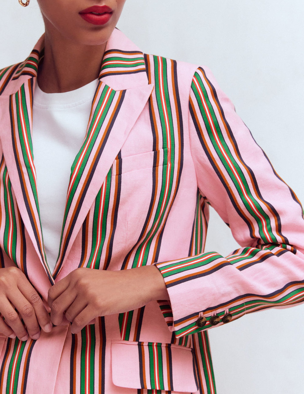 Woodbridge Linen Blazer-Pink, Rich Emerald Stripe