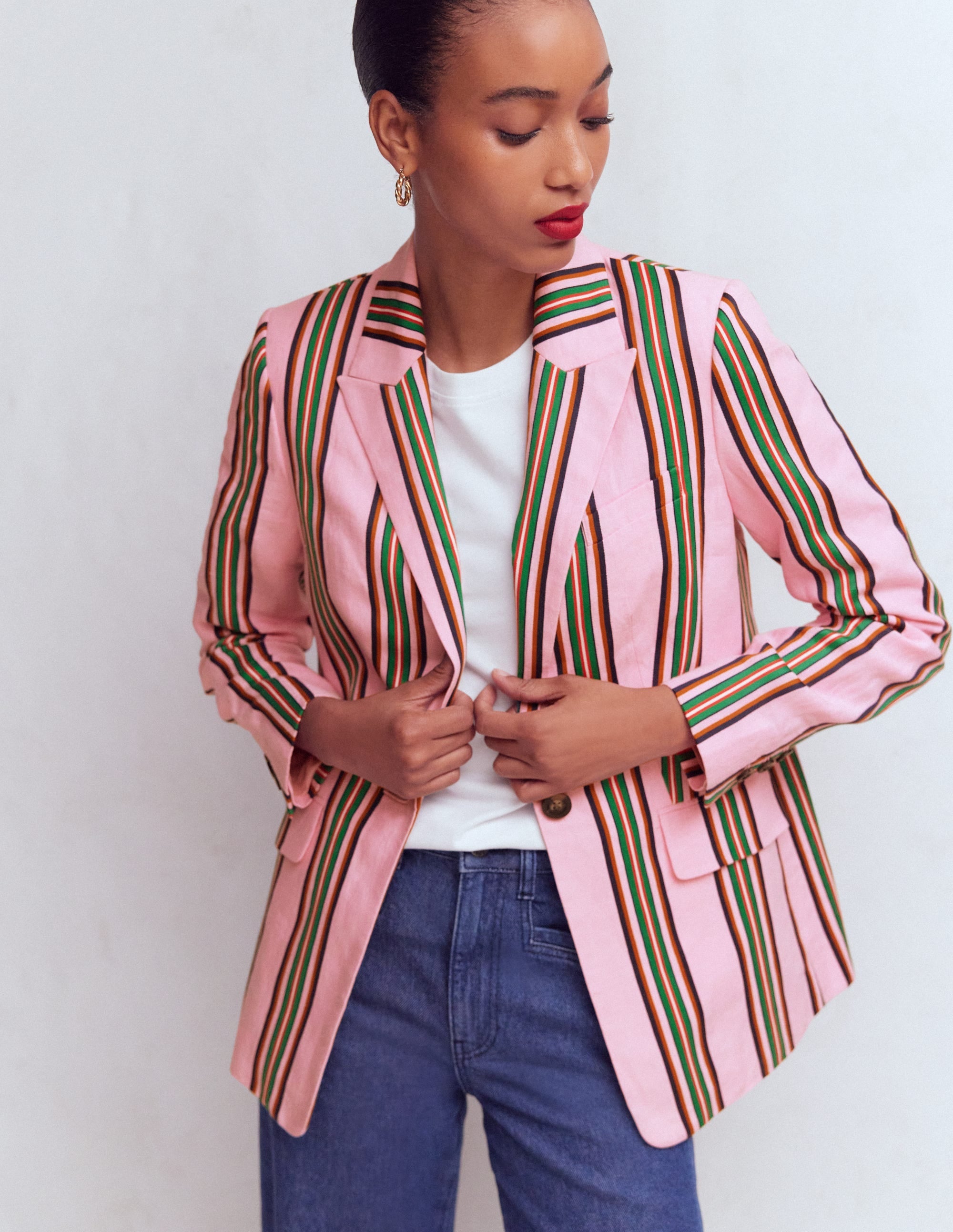 Woodbridge Linen Blazer-Pink, Rich Emerald Stripe