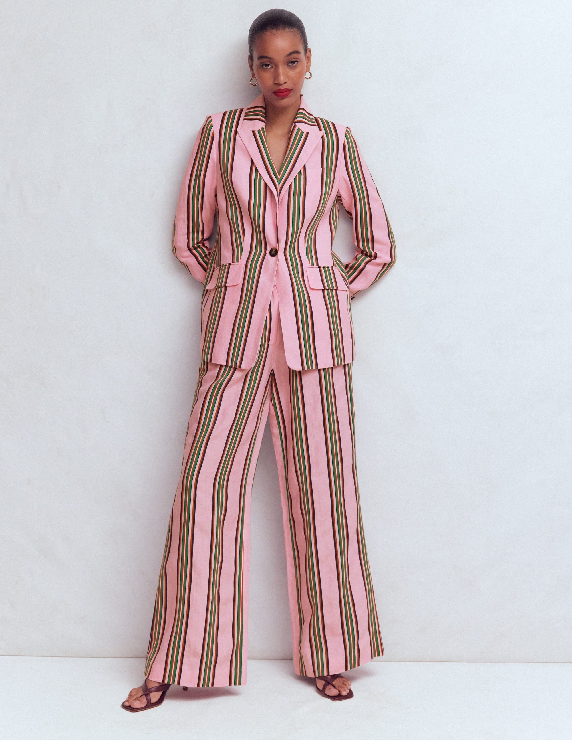 Woodbridge Linen Blazer-Pink, Rich Emerald Stripe