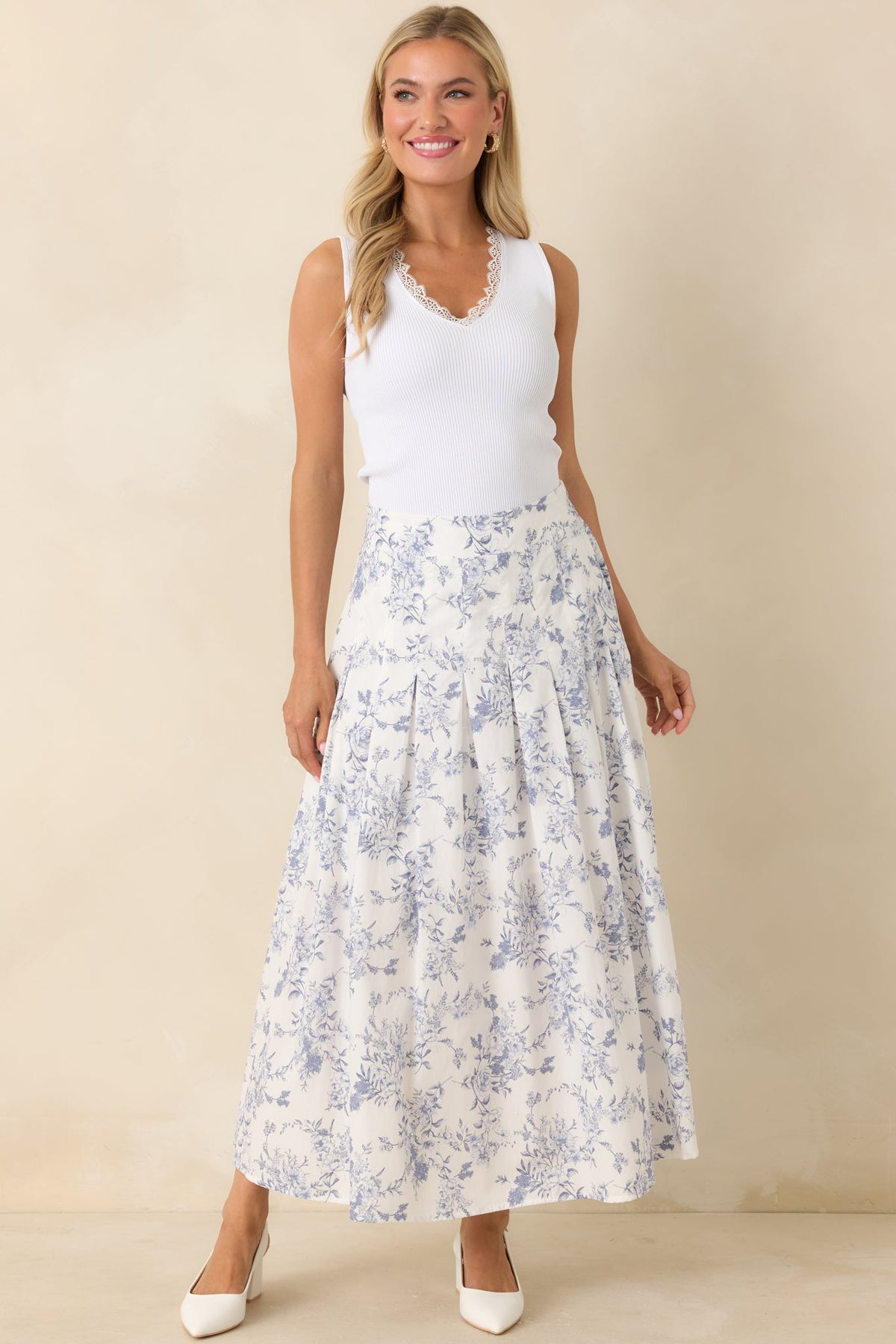 Once Upon a Daydream Blue & Ivory Floral Toile Cotton Maxi Skirt