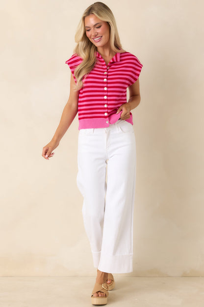 It All Lines Up Red & Pink Stripe Knit Cotton Button Front Top