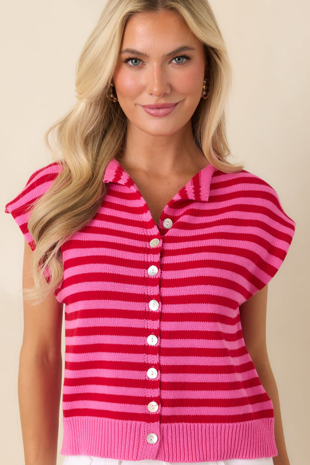 It All Lines Up Red & Pink Stripe Knit Cotton Button Front Top