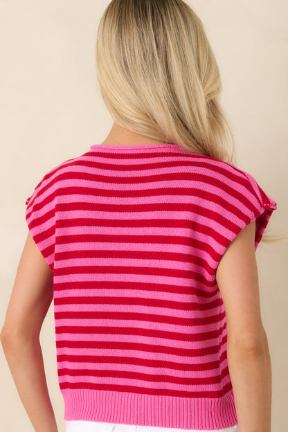 It All Lines Up Red & Pink Stripe Knit Cotton Button Front Top