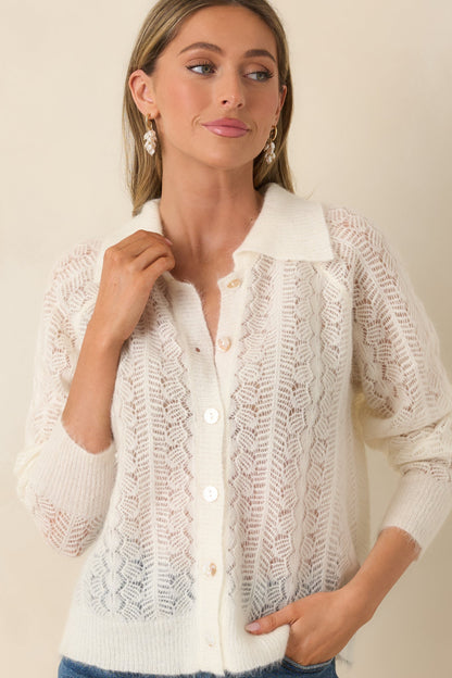 FRNCH Kristin Ivory Openwork Knit Cardigan