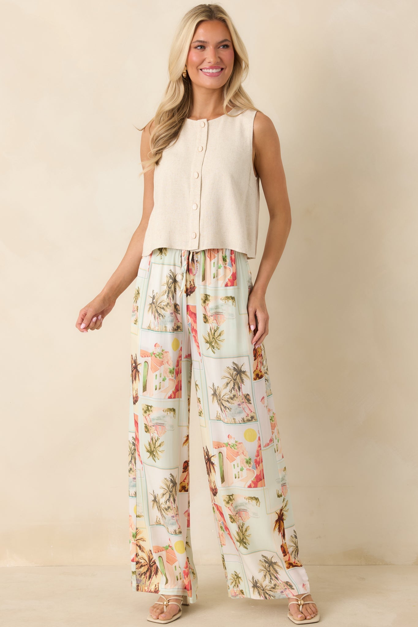 The Right Balance Natural Linen-Blend Sleeveless Button Up Top