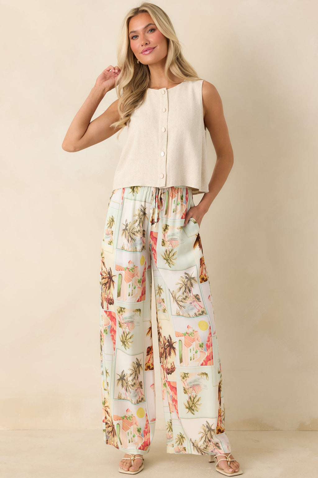 The Right Balance Natural Linen-Blend Sleeveless Button Up Top