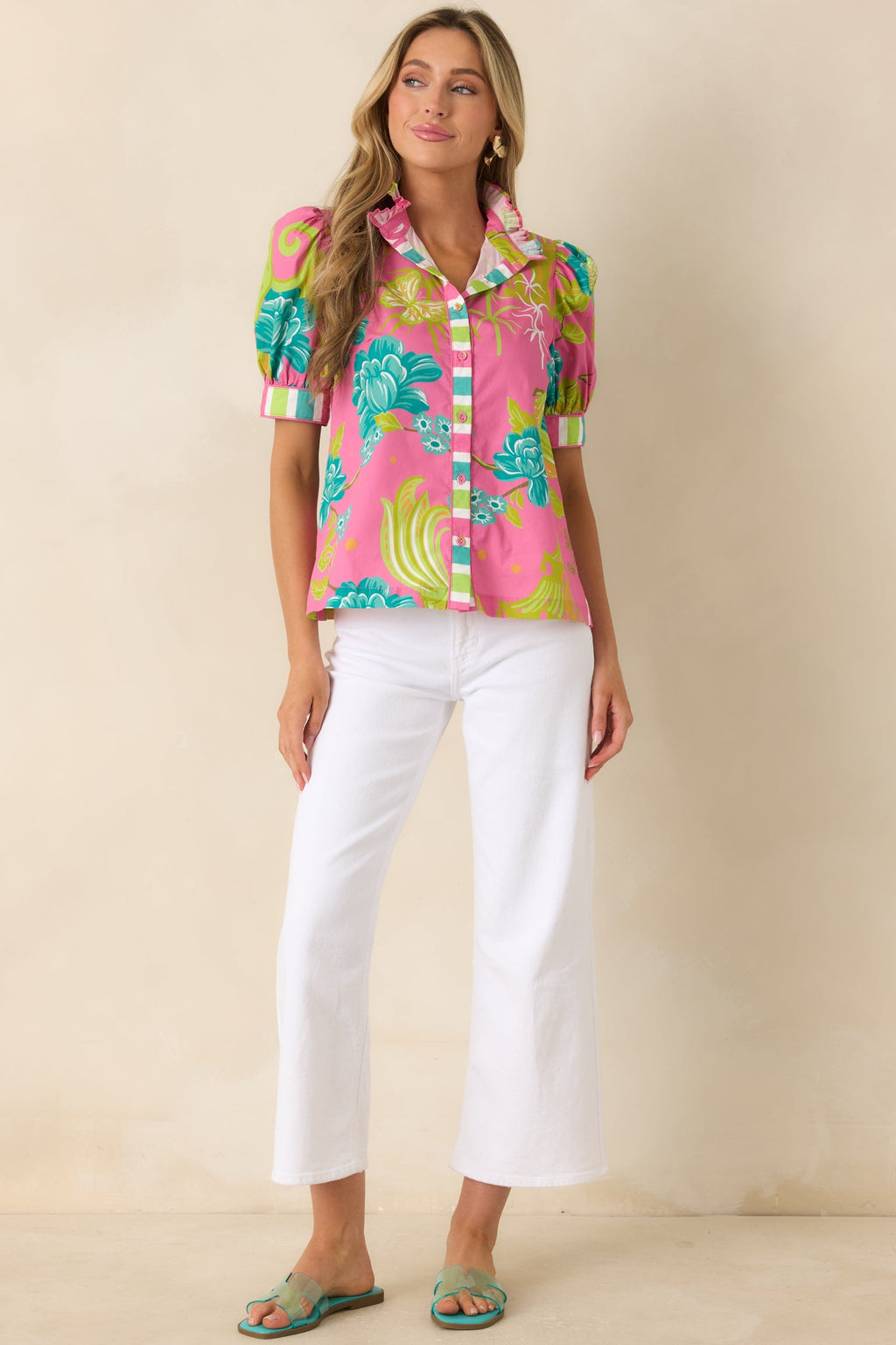 Prosperina Collier Pink Multi Chinoiserie Cotton Button-Front Top